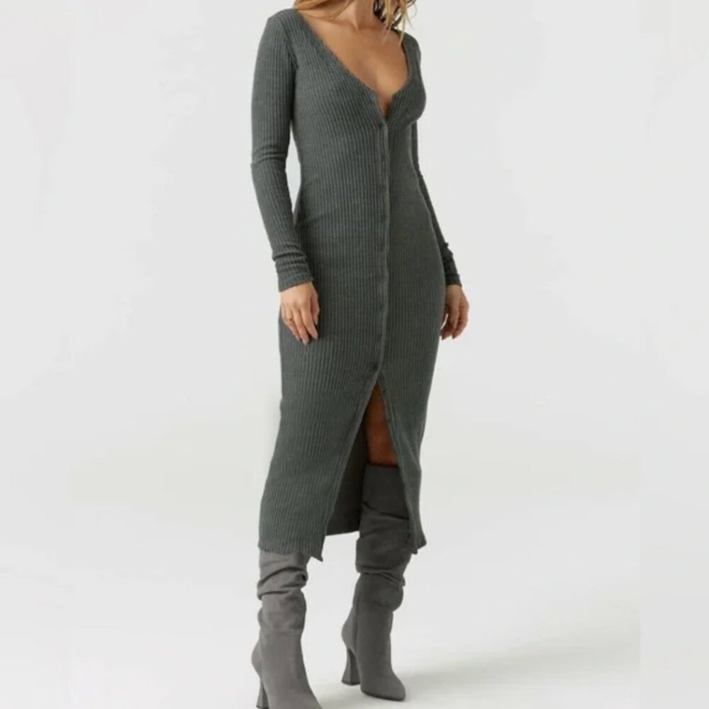 Joah Brown Deep V-Neck Gray Dress